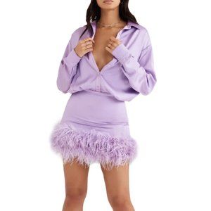 House of CB Tyra Feather Trip Long Sleeve Satin Shirtdress in Orchid